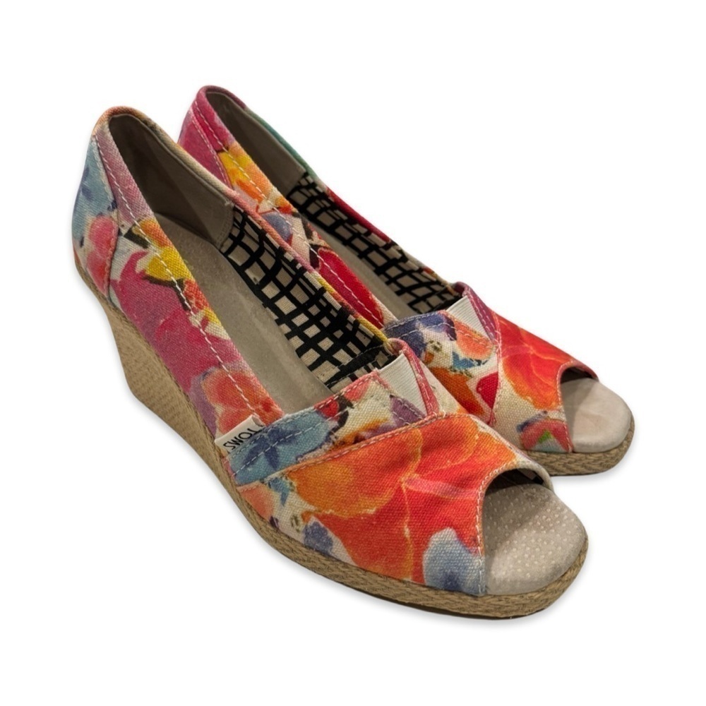 TOMS OAHU ESPADRILLE WEDGE HEELS OPEN PEEP TOE FLORAL COLORFUL HEELS SIZE 8.5